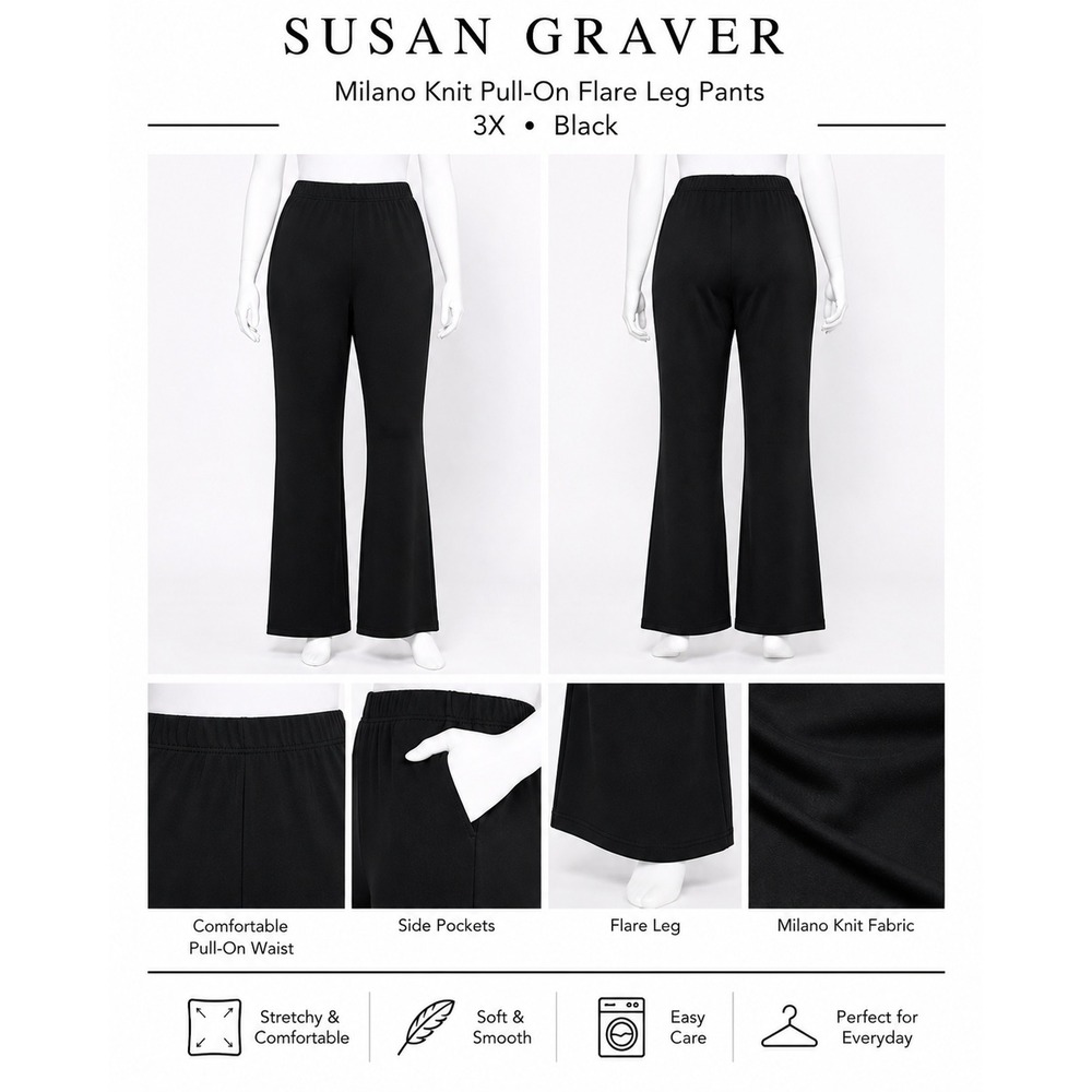 Susan Graver Milano Knit Pull-On Flare Leg‎ Pants Black 3X A282562 Womens Plus